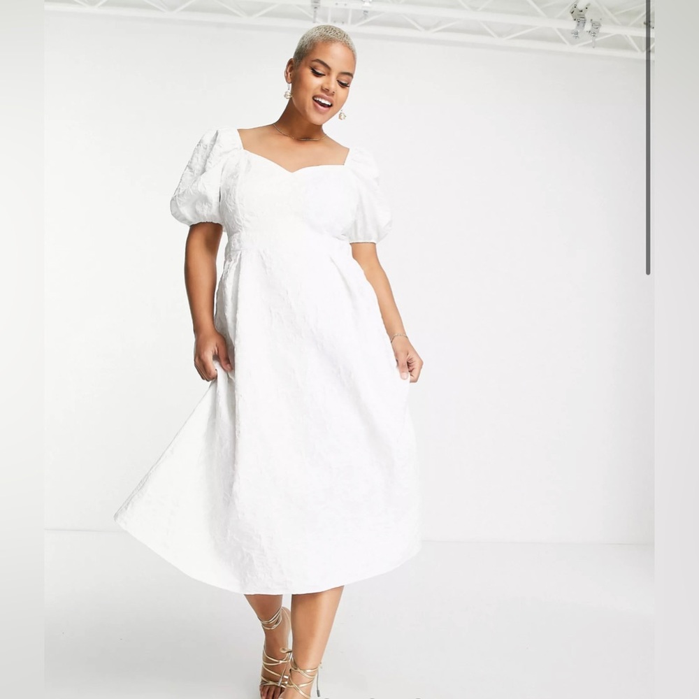 ASOS DESIGN Curve cupped jacquard midi dress in white.